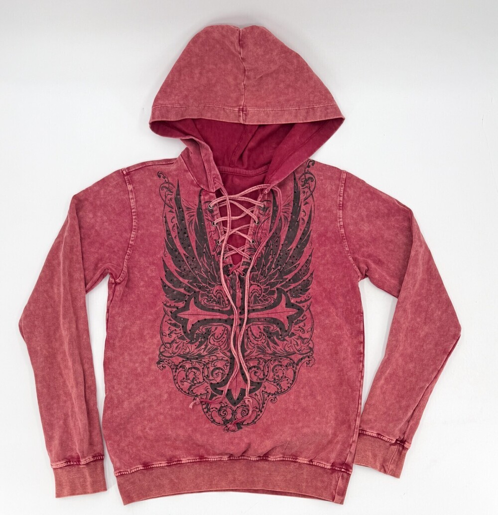Affliction Sweater Women Small Red V-neck Hooded Lightweight Tie Rhinestone Logo